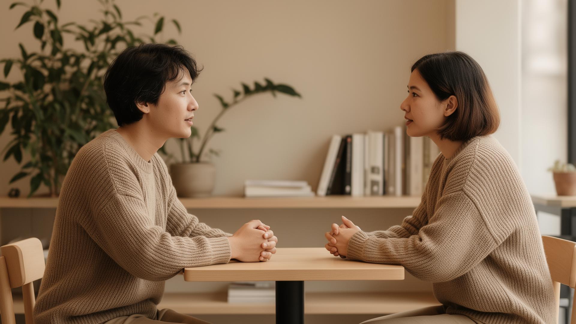 Two people engaged in meaningful conversation at a quiet cafe